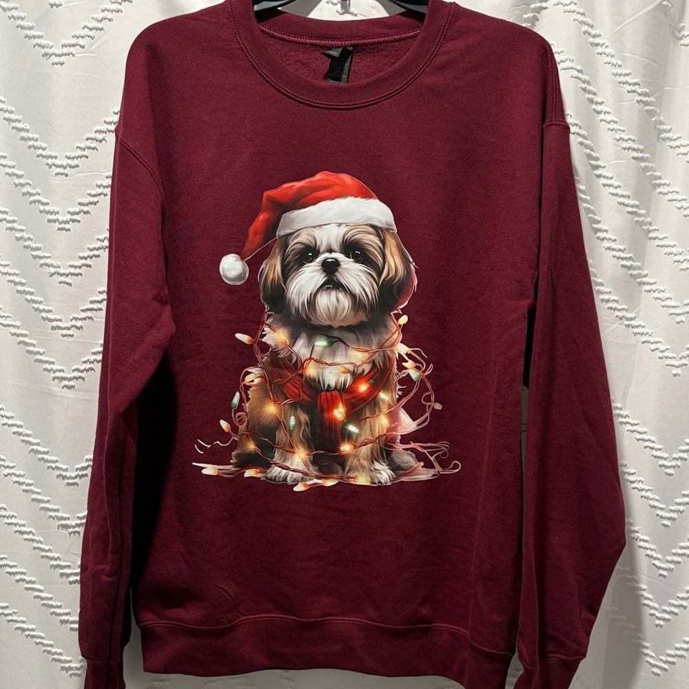 Gildan Burgundy Shih Tzu Print Holiday Crewneck Sweatshirt NEW